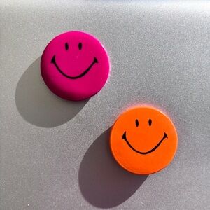 1990s dark magenta pink and neon orange smiley face button pins